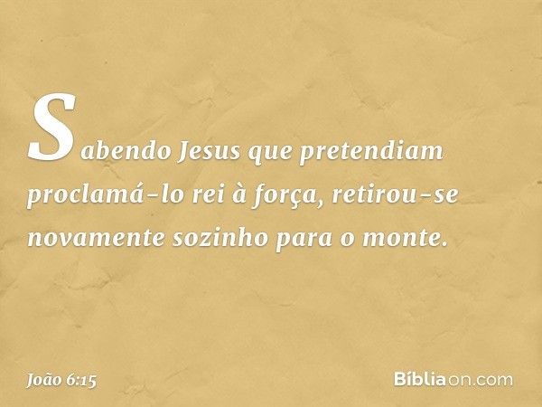 Sabendo Jesus que pretendiam proclamá-lo rei à força, retirou-se novamente sozinho para o monte. -- João 6:15