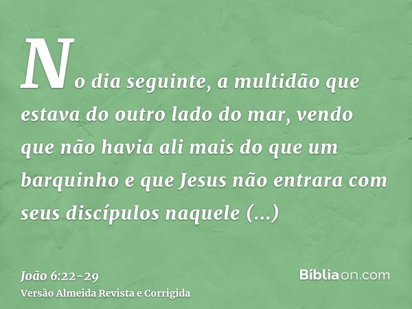 No dia seguinte, a multidão que estava do outro lado do mar, vendo que não havia ali mais do que um barquinho e que Jesus não entrara com seus discípulos naquel