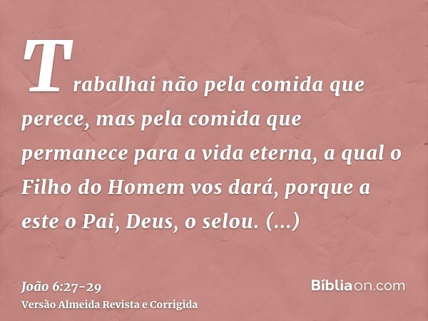 Trabalhai não pela comida que perece, mas pela comida que permanece para a vida eterna, a qual o Filho do Homem vos dará, porque a este o Pai, Deus, o selou.Dis