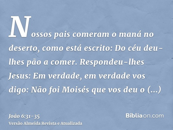 Nossos pais comeram o maná no deserto, como está escrito: Do céu deu-lhes pão a comer.Respondeu-lhes Jesus: Em verdade, em verdade vos digo: Não foi Moisés que 