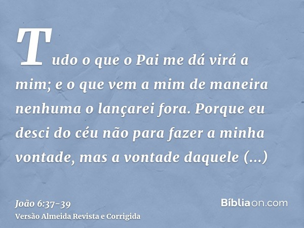 Tudo o que o Pai me dá virá a mim; e o que vem a mim de maneira nenhuma o lançarei fora.Porque eu desci do céu não para fazer a minha vontade, mas a vontade daq