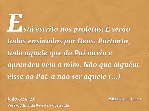 Está escrito nos profetas: E serão todos ensinados por Deus. Portanto, todo aquele que do Pai ouviu e aprendeu vem a mim.Não que alguém visse ao Pai, a não ser