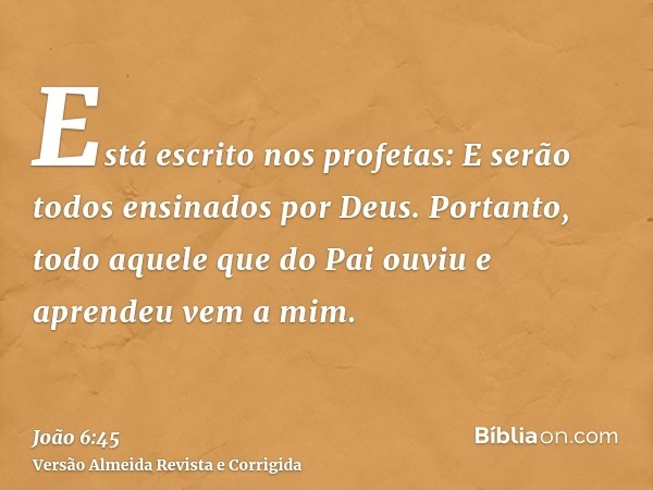 Está escrito nos profetas: E serão todos ensinados por Deus. Portanto, todo aquele que do Pai ouviu e aprendeu vem a mim.