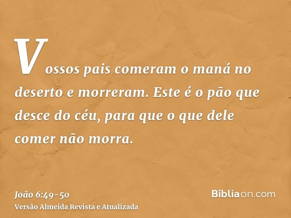 Vossos pais comeram o maná no deserto e morreram.Este é o pão que desce do céu, para que o que dele comer não morra.