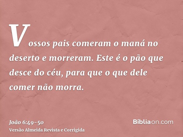 Vossos pais comeram o maná no deserto e morreram.Este é o pão que desce do céu, para que o que dele comer não morra.