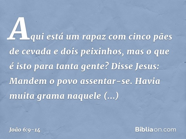 "Aqui está um rapaz com cinco pães de cevada e dois peixinhos, mas o que é isto para tanta gente?" Disse Jesus: "Mandem o povo assentar-se". Havia muita grama n