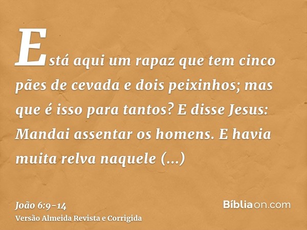 Está aqui um rapaz que tem cinco pães de cevada e dois peixinhos; mas que é isso para tantos?E disse Jesus: Mandai assentar os homens. E havia muita relva naque