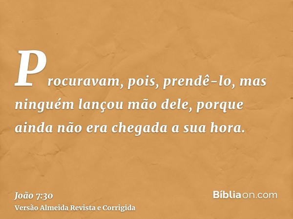 Procuravam, pois, prendê-lo, mas ninguém lançou mão dele, porque ainda não era chegada a sua hora.