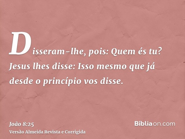 Disseram-lhe, pois: Quem és tu? Jesus lhes disse: Isso mesmo que já desde o princípio vos disse.