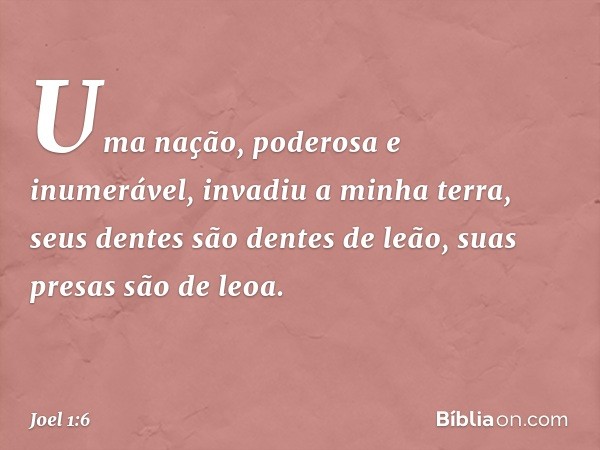 Uma nação, poderosa e inumerável,
invadiu a minha terra,
seus dentes são dentes de leão,
suas presas são de leoa. -- Joel 1:6