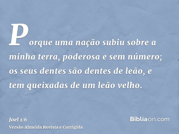 Porque uma nação subiu sobre a minha terra, poderosa e sem número; os seus dentes são dentes de leão, e tem queixadas de um leão velho.