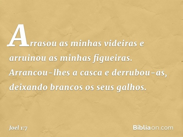 Arrasou as minhas videiras
e arruinou as minhas figueiras.
Arrancou-lhes a casca e derrubou-as,
deixando brancos os seus galhos. -- Joel 1:7