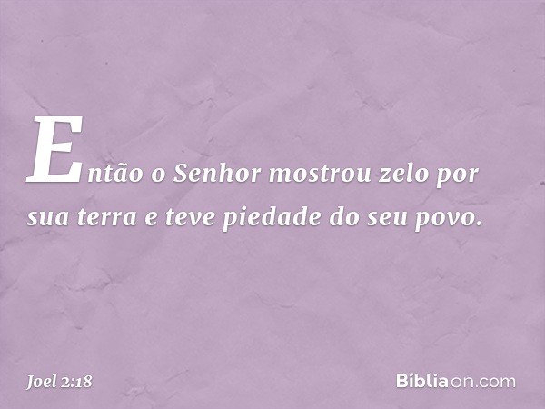 Então o Senhor mostrou zelo
por sua terra
e teve piedade do seu povo. -- Joel 2:18