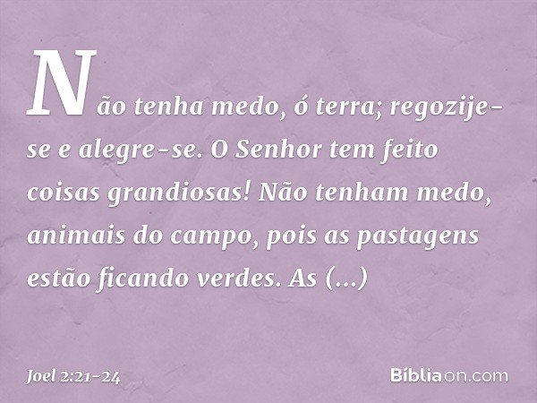 Não tenha medo, ó terra;
regozije-se e alegre-se.
O Senhor tem feito coisas grandiosas! Não tenham medo, animais do campo,
pois as pastagens estão ficando verde