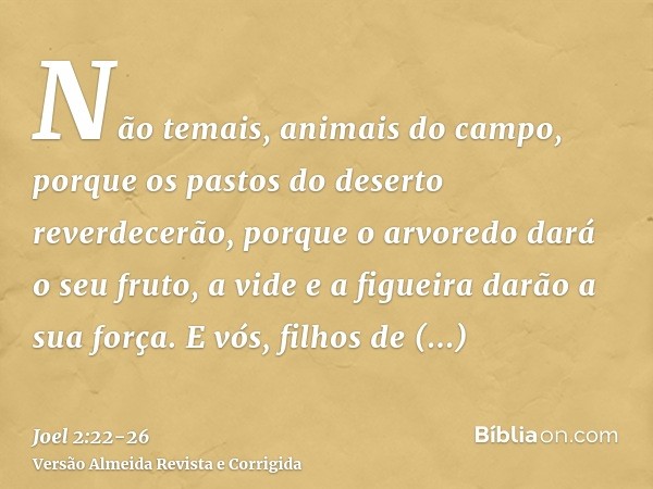 Não temais, animais do campo, porque os pastos do deserto reverdecerão, porque o arvoredo dará o seu fruto, a vide e a figueira darão a sua força.E vós, filhos 