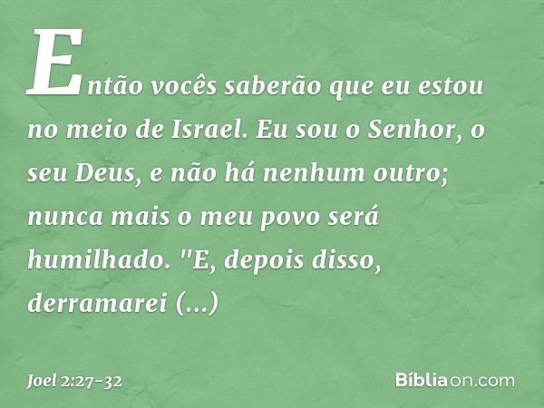 Então vocês saberão
que eu estou no meio de Israel.
Eu sou o Senhor, o seu Deus,
e não há nenhum outro;
nunca mais o meu povo será humilhado. "E, depois disso,
