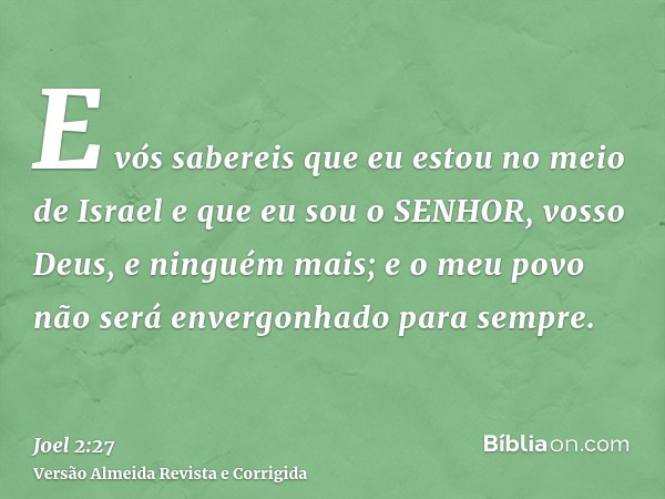 E vós sabereis que eu estou no meio de Israel e que eu sou o SENHOR, vosso Deus, e ninguém mais; e o meu povo não será envergonhado para sempre.