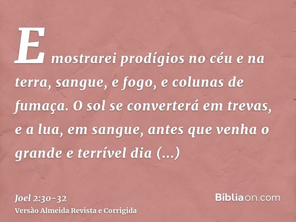 E mostrarei prodígios no céu e na terra, sangue, e fogo, e colunas de fumaça.O sol se converterá em trevas, e a lua, em sangue, antes que venha o grande e terrí