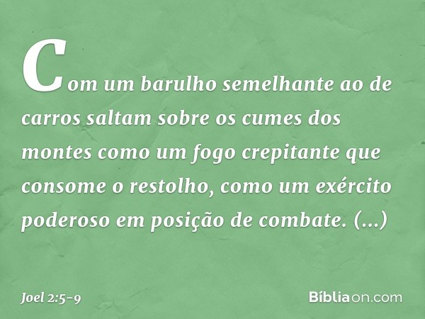 Com um barulho semelhante ao de carros
saltam sobre os cumes dos montes
como um fogo crepitante
que consome o restolho,
como um exército poderoso
em posição de 