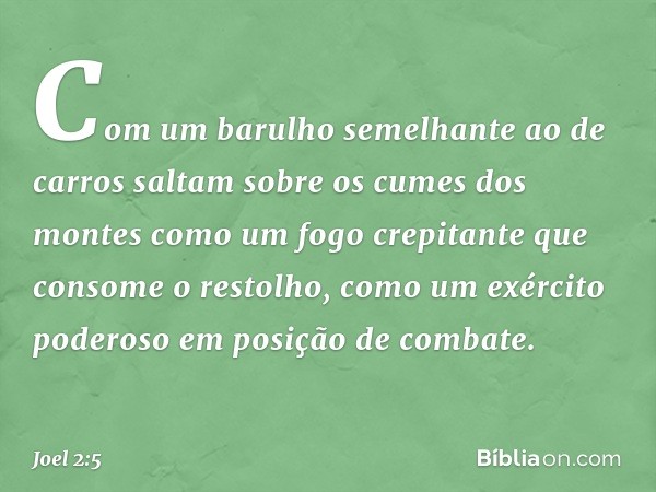 Com um barulho semelhante ao de carros
saltam sobre os cumes dos montes
como um fogo crepitante
que consome o restolho,
como um exército poderoso
em posição de 