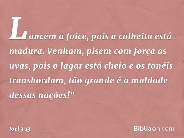 Lancem a foice,
pois a colheita está madura.
Venham, pisem com força as uvas,
pois o lagar está cheio
e os tonéis transbordam,
tão grande é a maldade dessas naç