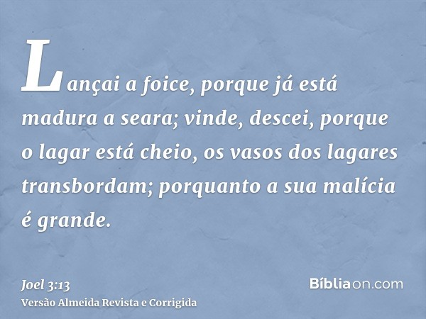 Lançai a foice, porque já está madura a seara; vinde, descei, porque o lagar está cheio, os vasos dos lagares transbordam; porquanto a sua malícia é grande.