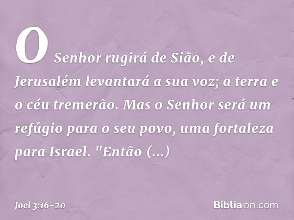 O Senhor rugirá de Sião,
e de Jerusalém levantará a sua voz;
a terra e o céu tremerão.
Mas o Senhor será um refúgio
para o seu povo,
uma fortaleza para Israel. 