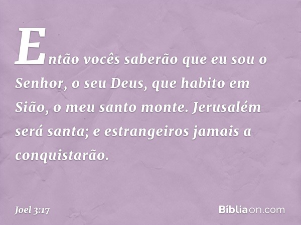 "Então vocês saberão
que eu sou o Senhor, o seu Deus,
que habito em Sião, o meu santo monte.
Jerusalém será santa;
e estrangeiros jamais a conquistarão. -- Joel