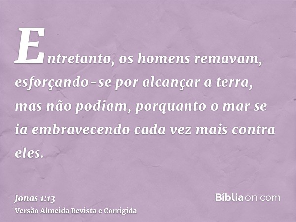 Entretanto, os homens remavam, esforçando-se por alcançar a terra, mas não podiam, porquanto o mar se ia embravecendo cada vez mais contra eles.