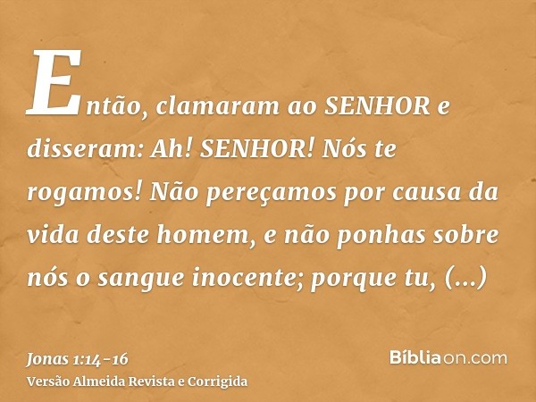 Então, clamaram ao SENHOR e disseram: Ah! SENHOR! Nós te rogamos! Não pereçamos por causa da vida deste homem, e não ponhas sobre nós o sangue inocente; porque 