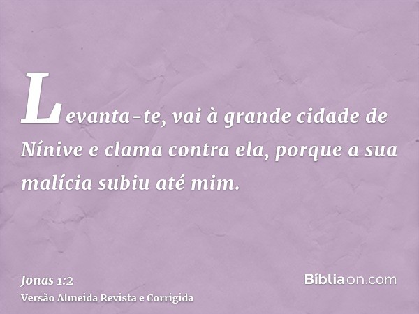 Levanta-te, vai à grande cidade de Nínive e clama contra ela, porque a sua malícia subiu até mim.