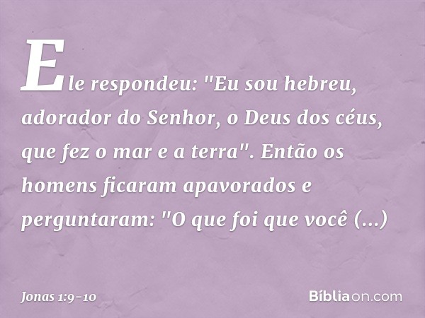 Ele respondeu: "Eu sou hebreu, adorador do Senhor, o Deus dos céus, que fez o mar e a terra". Então os homens ficaram apavorados e perguntaram: "O que foi que