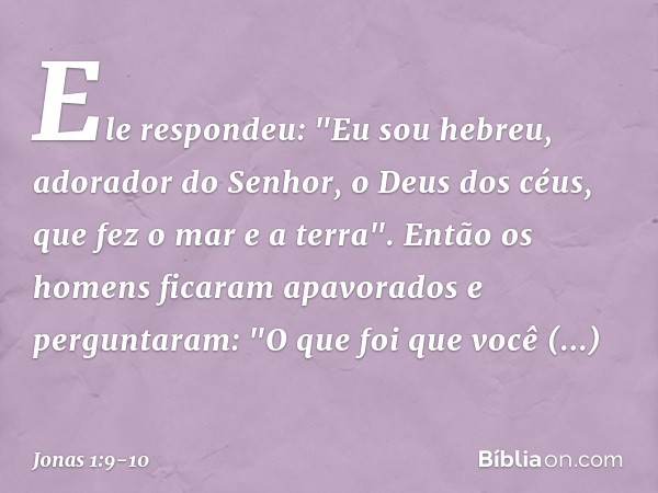 Ele respondeu: "Eu sou hebreu, adora­dor do Senhor, o Deus dos céus, que fez o mar e a terra". Então os homens ficaram apavorados e perguntaram: "O que foi que 