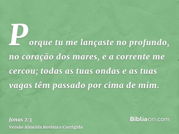 Porque tu me lançaste no profundo, no coração dos mares, e a corrente me cercou; todas as tuas ondas e as tuas vagas têm passado por cima de mim.