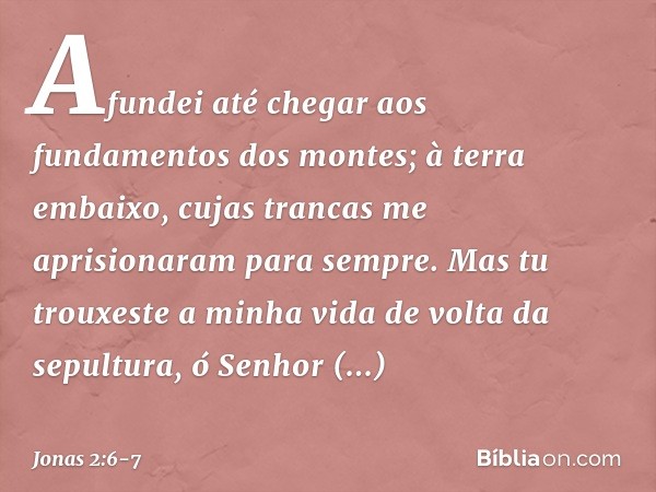 Afundei até chegar aos fundamentos
dos montes;
à terra embaixo, cujas trancas
me aprisionaram para sempre.
Mas tu trouxeste a minha vida
de volta da sepultura,
