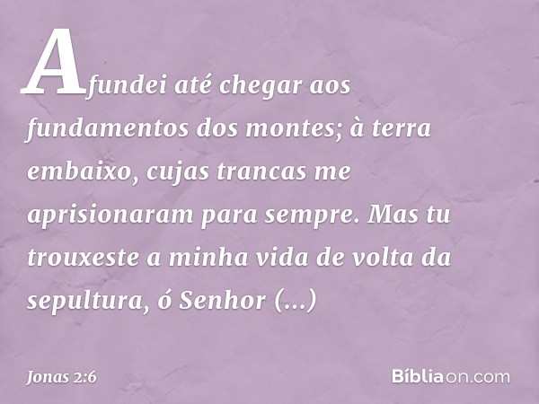 Afundei até chegar aos fundamentos
dos montes;
à terra embaixo, cujas trancas
me aprisionaram para sempre.
Mas tu trouxeste a minha vida
de volta da sepultura,
