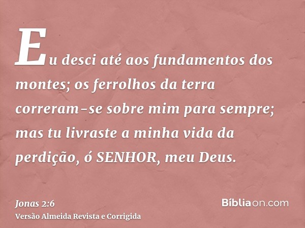 Eu desci até aos fundamentos dos montes; os ferrolhos da terra correram-se sobre mim para sempre; mas tu livraste a minha vida da perdição, ó SENHOR, meu Deus.