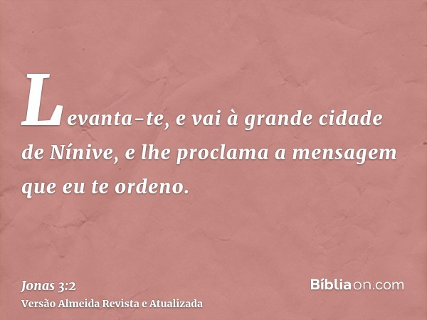 Levanta-te, e vai à grande cidade de Nínive, e lhe proclama a mensagem que eu te ordeno.