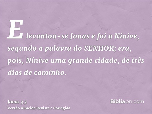 E levantou-se Jonas e foi a Nínive, segundo a palavra do SENHOR; era, pois, Nínive uma grande cidade, de três dias de caminho.