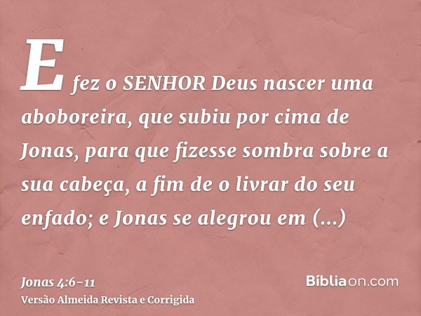 E fez o SENHOR Deus nascer uma aboboreira, que subiu por cima de Jonas, para que fizesse sombra sobre a sua cabeça, a fim de o livrar do seu enfado; e Jonas se