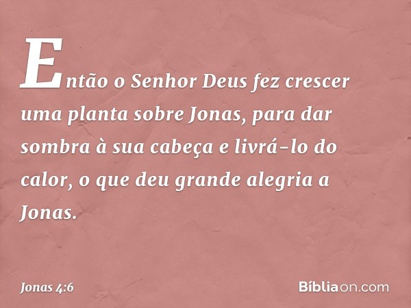 Então o Senhor Deus fez crescer uma planta sobre Jonas, para dar sombra à sua cabeça e livrá-lo do calor, o que deu grande alegria a Jonas. -- Jonas 4:6