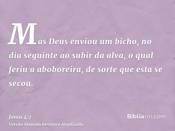 Mas Deus enviou um bicho, no dia seguinte ao subir da alva, o qual feriu a aboboreira, de sorte que esta se secou.