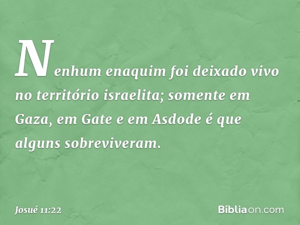 Nenhum enaquim foi deixado vivo no território israelita; somente em Gaza, em Gate e em Asdode é que alguns sobreviveram. -- Josué 11:22