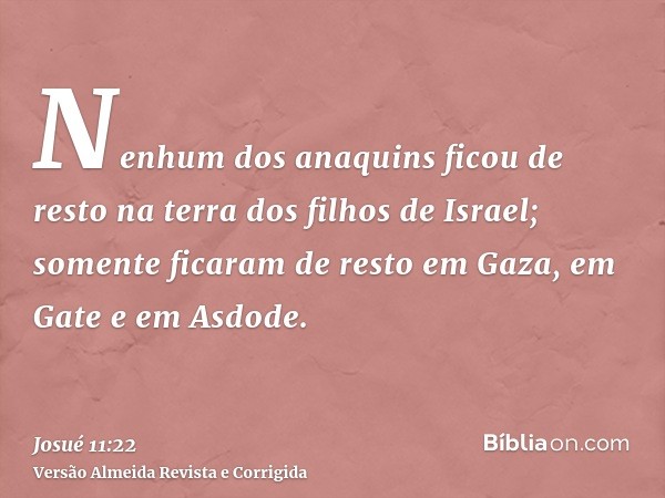 Nenhum dos anaquins ficou de resto na terra dos filhos de Israel; somente ficaram de resto em Gaza, em Gate e em Asdode.