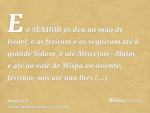 E o SENHOR os deu na mão de Israel; e os feriram e os seguiram até à grande Sidom, e até Misrefote-Maim, e até ao vale de Mispa ao oriente; feriram-nos até não 