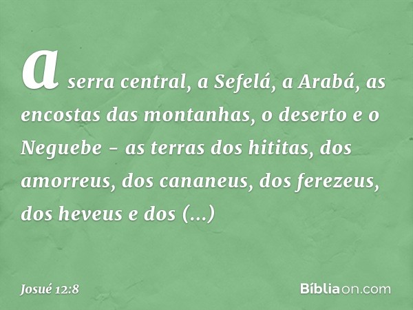 a serra central, a Sefelá, a Arabá, as encostas das montanhas, o deserto e o Neguebe - as terras dos hititas, dos amorreus, dos cananeus, dos ferezeus, dos heve