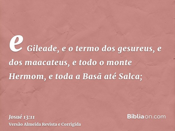 e Gileade, e o termo dos gesureus, e dos maacateus, e todo o monte Hermom, e toda a Basã até Salca;