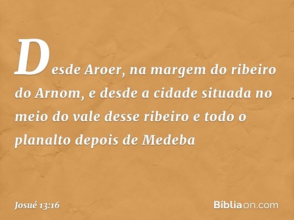 Desde Aroer, na margem do ribeiro do Arnom, e desde a cidade situada no meio do vale desse ribeiro e todo o planalto depois de Medeba -- Josué 13:16