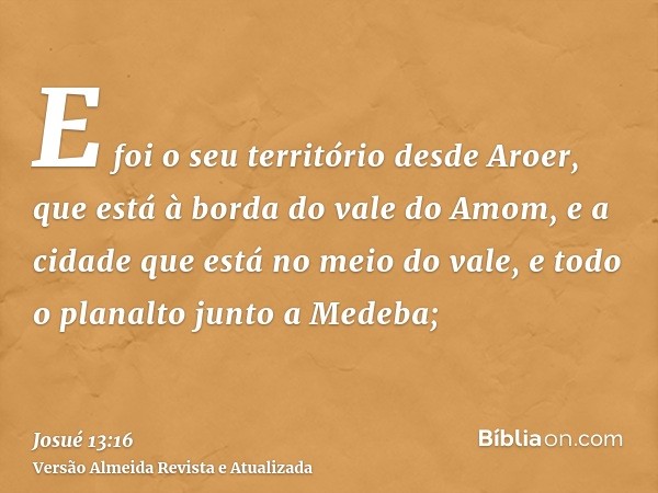 E foi o seu território desde Aroer, que está à borda do vale do Amom, e a cidade que está no meio do vale, e todo o planalto junto a Medeba;