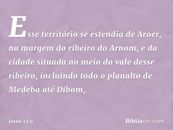 Esse território se estendia de Aroer, na margem do ribeiro do Arnom, e da cidade situada no meio do vale desse ribeiro, incluindo todo o planalto de Medeba até 